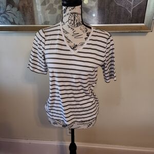 Chico's Green and White Striped V-Neck Tee
